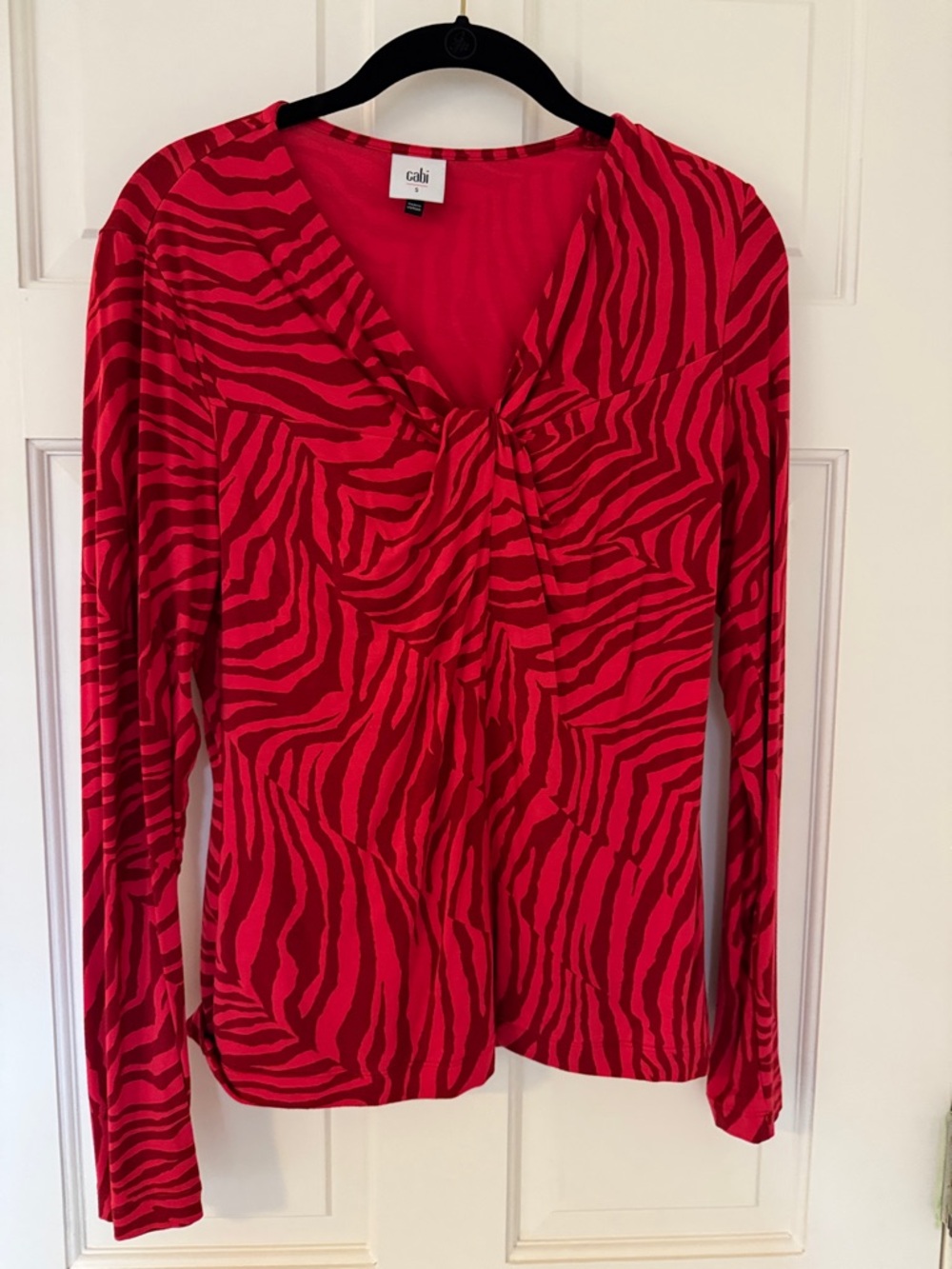CAbi Red Zebra-Print Long Sleeve V-Neck Tie-Front Top